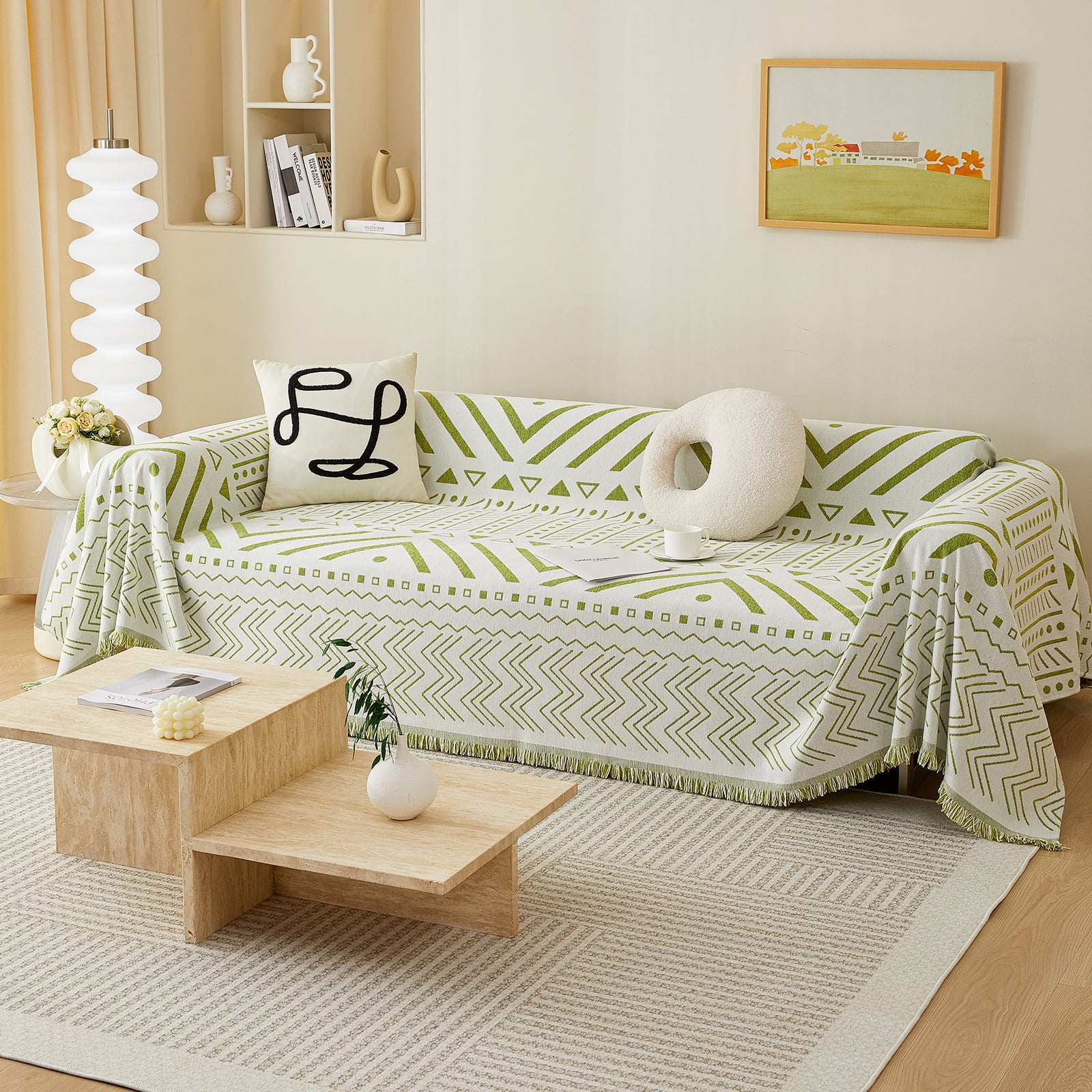 WOOW DEPOT Boho Chenille Sofa Cover Reversible w/ Tassel, Washable Throw Blanket L Shape Slipcover for 2 Cushion Couch, Sage Green & White Geometric, 71"x118"