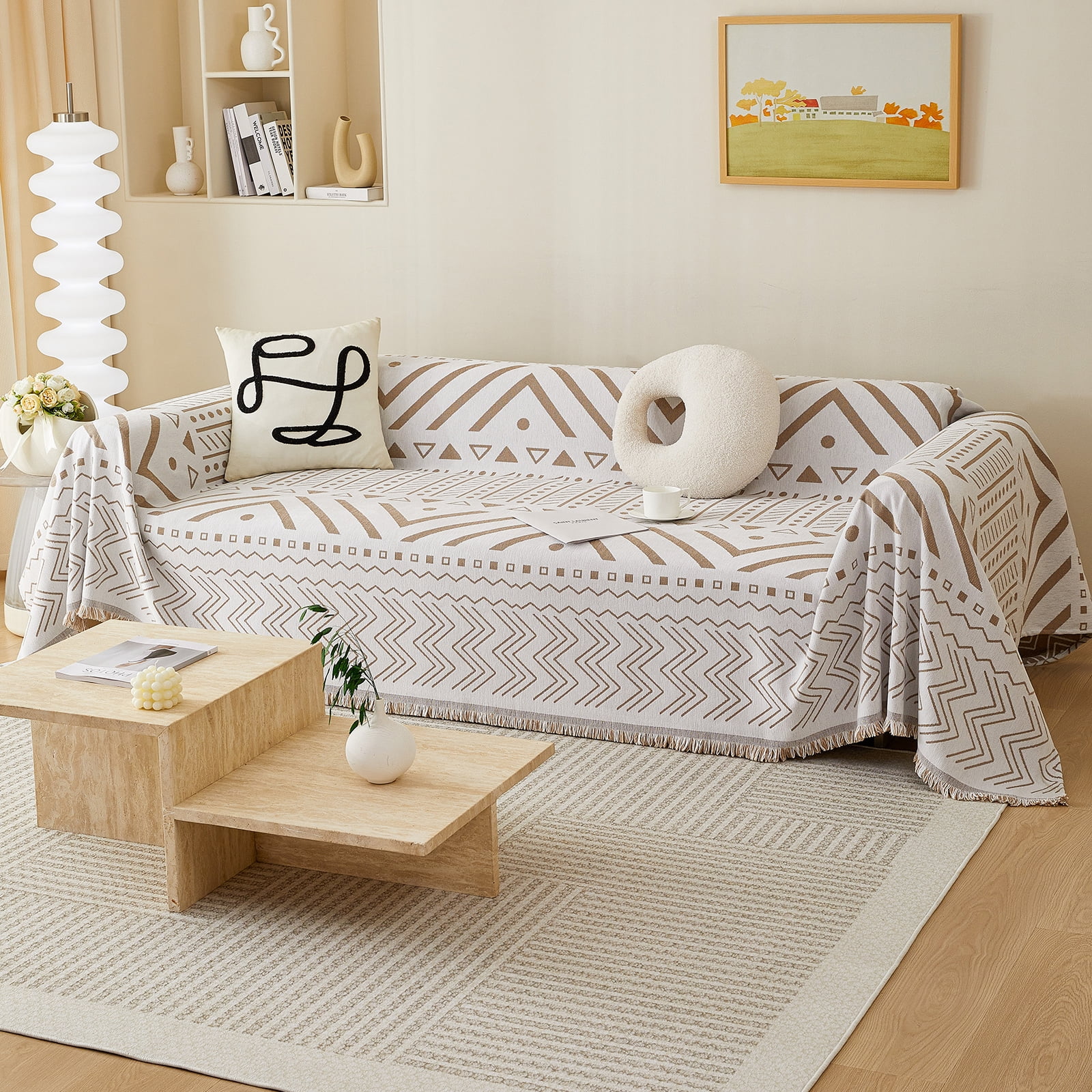 WOOW DEPOT Boho Chenille Sofa Cover Reversible w/ Tassel, Washable Throw Blanket L Shape Slipcover for 2 Cushion Couch, Taupe & White Geometric, 71"x118"