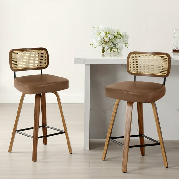 WOOW DEPOT Cane Swivel Counter Height Bar Stools Brown Set of 2, 29" Upholstered Faux Leather Barstools w/ Rattan Mid-Back & Wood Legs, Modern Bar Chair Island Stool