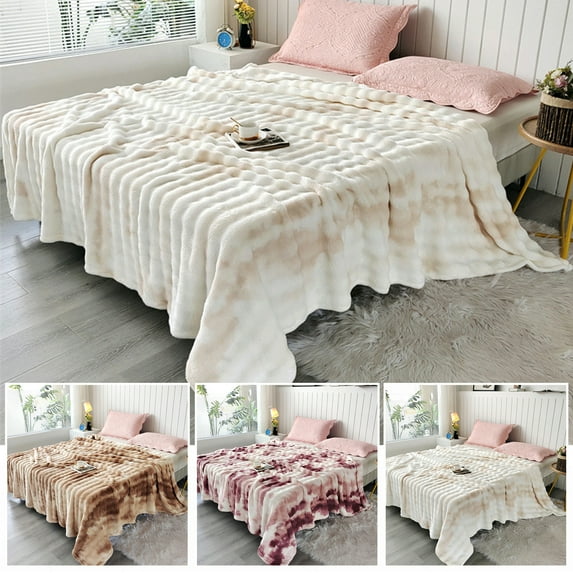 WOOW DEPOT Faux Rabbit Fur Blanket Thick Fleece Reversible, 1 PCS Twin Full 70.9" x 78.7", 2.6 lb Soft Warm Throw Machine Washable, Cream Beige Gradient
