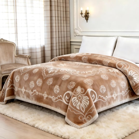 WOOW DEPOT Full Queen Heavy Fleece Bed Blanket 1 PCS, 7.72 lbs 78.7" x 90.5", Reversible Thick Embossed Velvet Soft Warm Mink Blanket for All Season, Beige Taupe