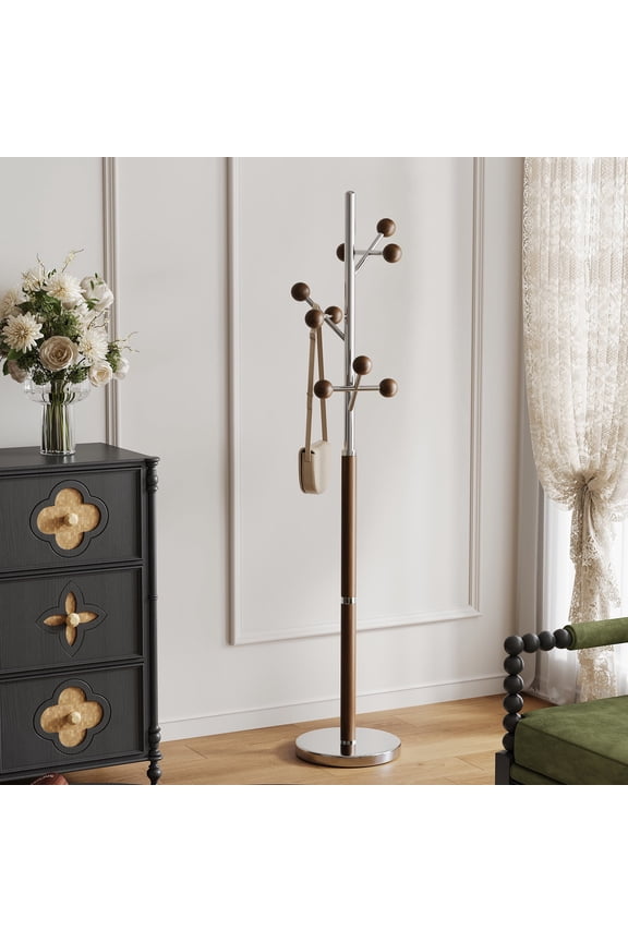 Metal Coat Rack 70" Freestanding Heavy Duty Tree Branch Rack, w/ 9 Rubber Wood Ball Hooks Stable & Steel Marble Base for Modern Office Corner Entryway