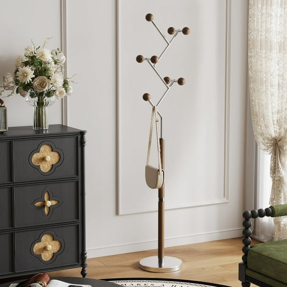 WOOW DEPOT Metal Coat Rack 71.3" Freestanding Heavy Duty Tree Branch Rack, w/ 8 Rubber Wood Ball Hooks Stable & Steel Marble Base for Modern Office Corner Entryway