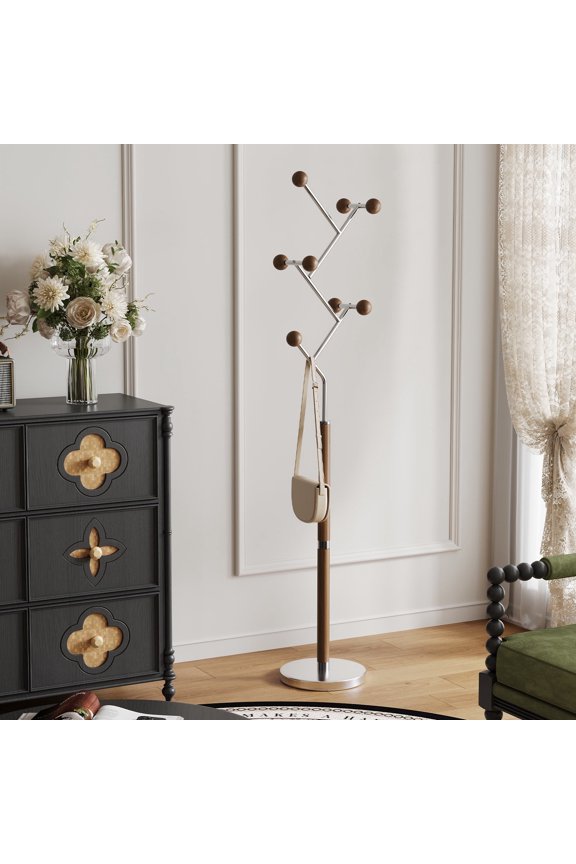 Metal Coat Rack 71.3" Freestanding Heavy Duty Tree Branch Rack, w/ 8 Rubber Wood Ball Hooks Stable & Steel Marble Base for Modern Office Corner Entryway