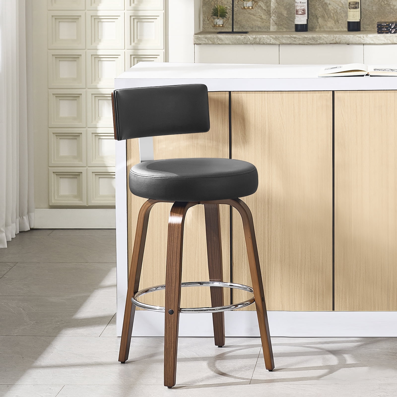 WOOW DEPOT PU Swivel Bar Stools Set of 1, 26" Seat Height Modern Upholstered Bar Chairs w/ Mid-back Round Seat Walnut Legs Leather Island Stools for Kitchen Counter