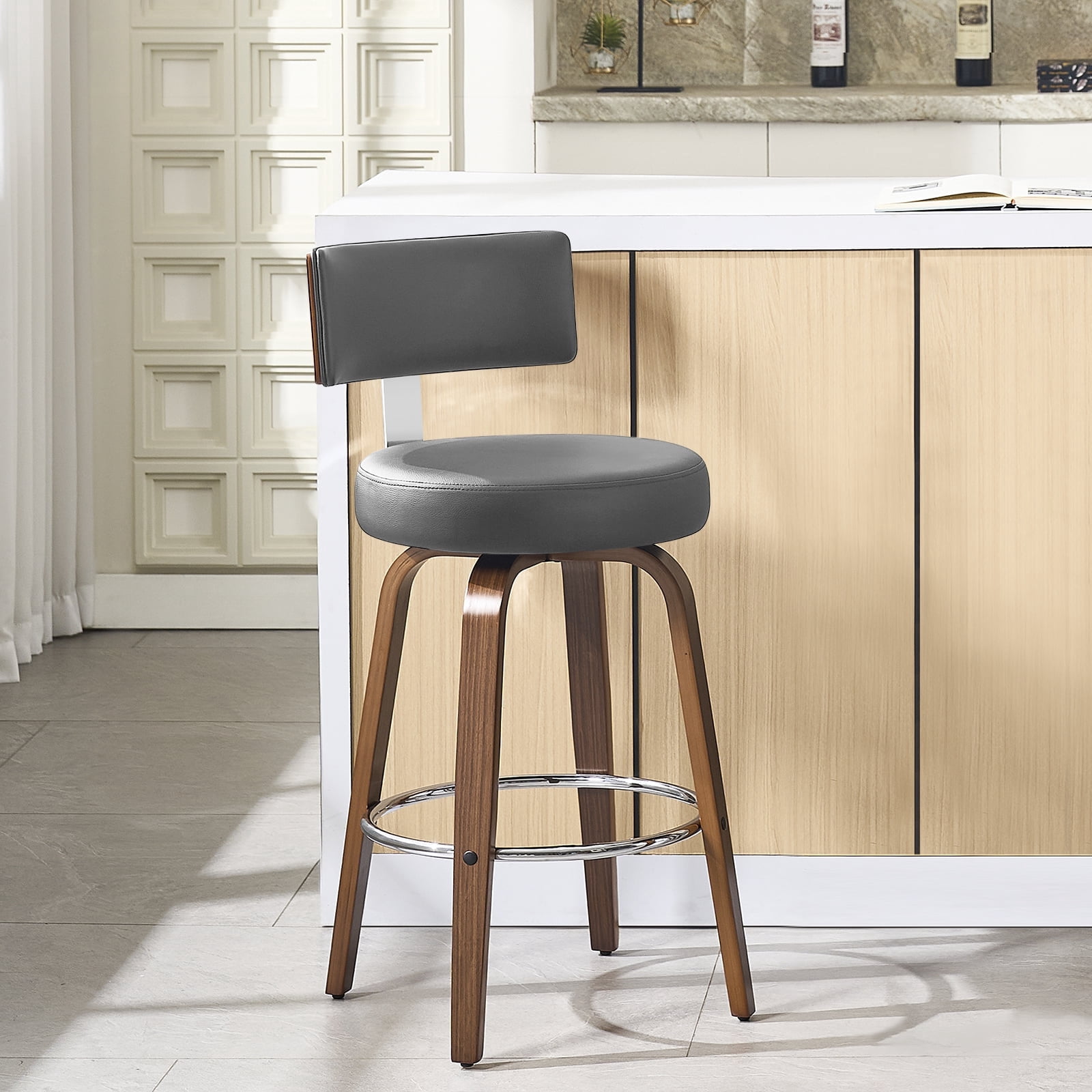 WOOW DEPOT PU Swivel Bar Stools Set of 1, 26" Seat Height Modern Upholstered Bar Chairs w/ Mid-back Round Seat Walnut Legs Leather Island Stools for Kitchen Counter