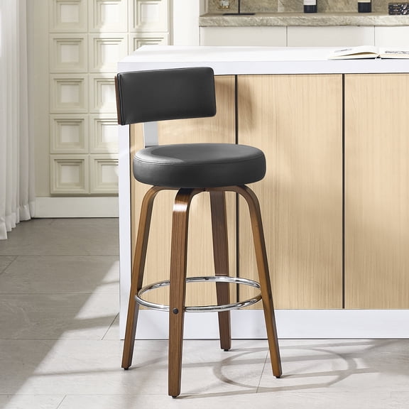 WOOW DEPOT PU Swivel Bar Stools Set of 1, 29" Seat Height Modern Upholstered Bar Chairs w/ Mid-back Round Seat Walnut Legs Leather Island Stools for Kitchen Counter