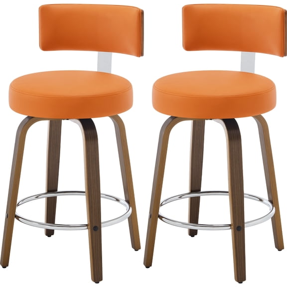 WOOW DEPOT PU Swivel Bar Stools Set of 2, 26" Seat Height Modern Upholstered Bar Chairs w/ Mid-back Round Seat Walnut Legs Leather Island Stools for Kitchen Counter