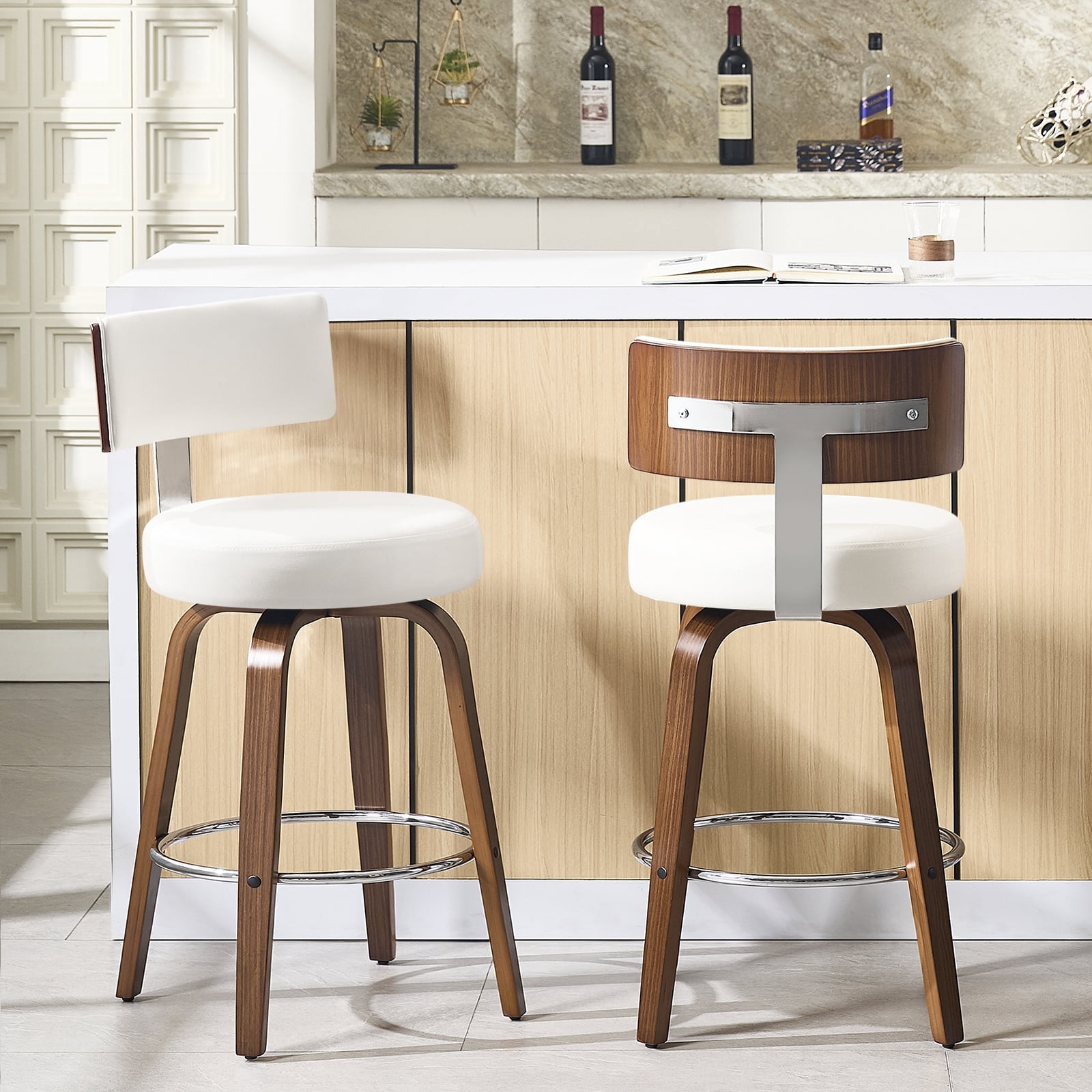 WOOW DEPOT PU Swivel Bar Stools Set of 2, 26" Seat Height Modern Upholstered Bar Chairs w/ Mid-back Round Seat Walnut Legs Leather Island Stools for Kitchen Counter