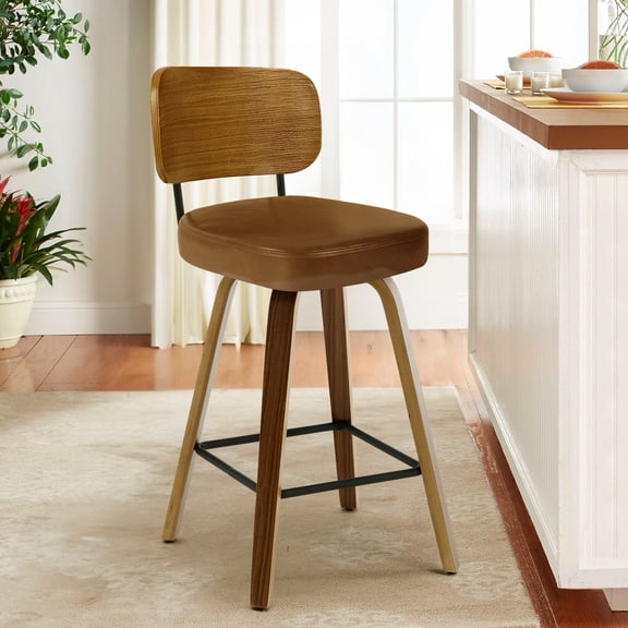 WOOW DEPOT PU Swivel Counter Height Bar Stools Set of 1, 26" Upholstered Faux Leather Barstools w/ Wood Mid-Back & Legs, Mid Century Modern Bar Chair Island Stool, Brown