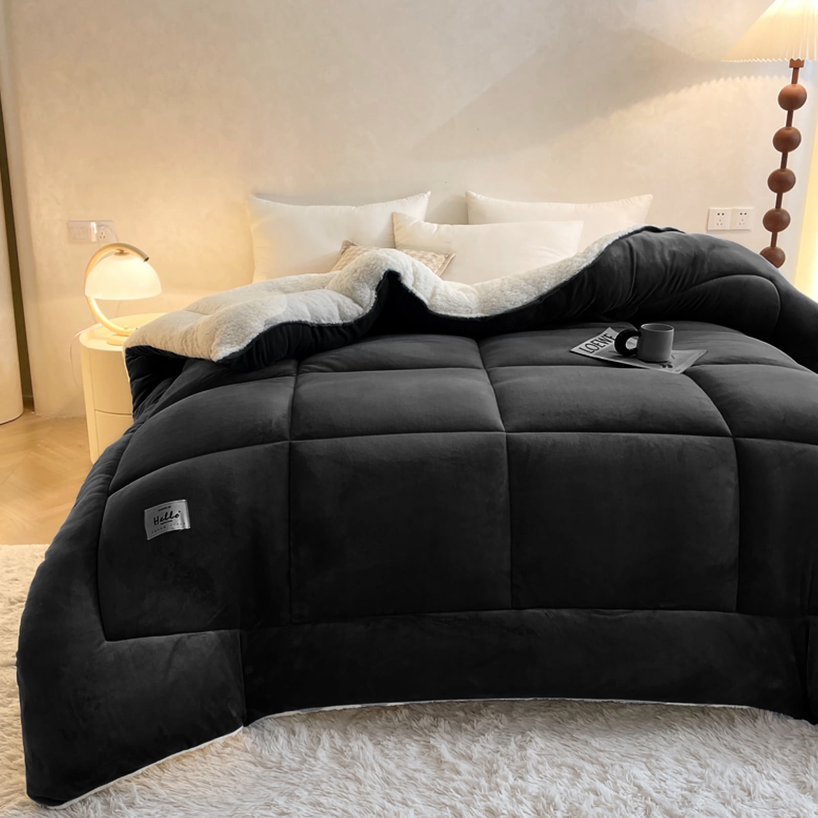 WOOW DEPOT Sherpa Fleece Queen Comforter Reversible, 1 PCS, Heavy 7.5lbs Quilted Bedding Warm Cozy Machine Washable, Black