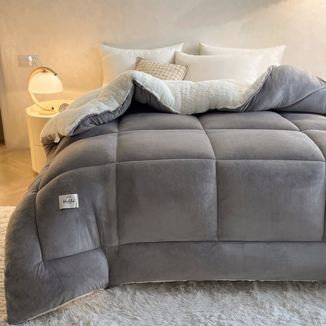 WOOW DEPOT Sherpa Fleece Queen Comforter Reversible, 1 PCS, Heavy 7.5lbs Quilted Bedding Warm Cozy Machine Washable, Gray