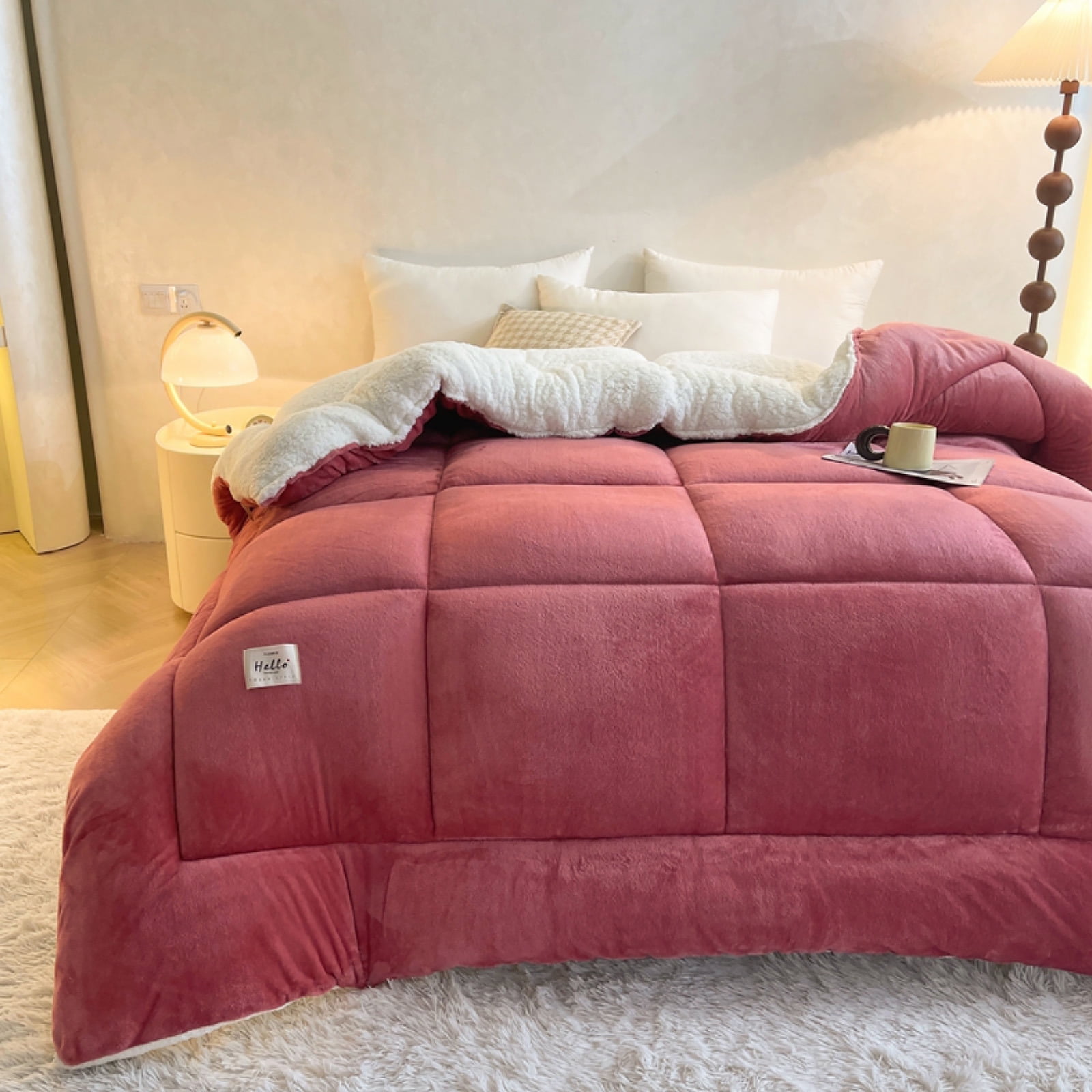 WOOW DEPOT Sherpa Fleece Twin Comforter Reversible, 1 PCS, Heavy 5.5lbs Quilted Bedding Warm Cozy Machine Washable, Bean Paste Red