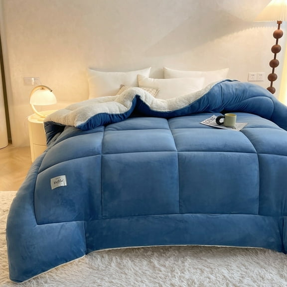 WOOW DEPOT Sherpa Fleece Twin Comforter Reversible, 1 PCS, Heavy 5.5lbs Quilted Bedding Warm Cozy Machine Washable, Haze Blue