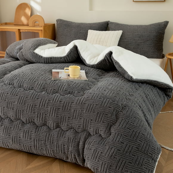 WOOW DEPOT Sherpa Reversible Comforter 70.8" x 86.6", 1 PCS Twin Full Size Heavy 7.72 lbs Warm Cozy, Taffeta Quilted & Sheared Craft 3D Jacquard Blanket Machine Washable, Dark Gray