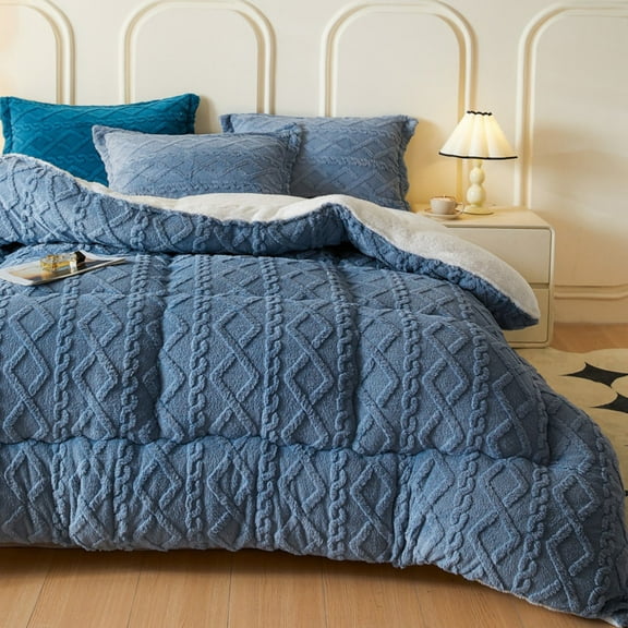 WOOW DEPOT Sherpa Reversible Comforter, 1 PCS Full Size Heavy 6lbs Warm Cozy, Taffeta Quilted & Sheared Craft 3D Jacquard Blanket Machine Washable, Blue