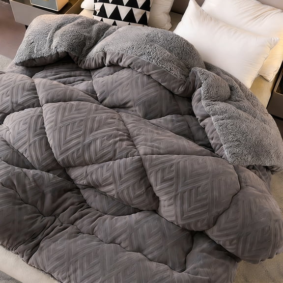 WOOW DEPOT Sherpa Reversible Full Queen Comforter 78.7" x 90.5", 1 PCS Heavy 8.82 lbs Warm Cozy, Velvet Quilted & Sheared Craft 3D Jacquard Blanket Machine Washable, Gray