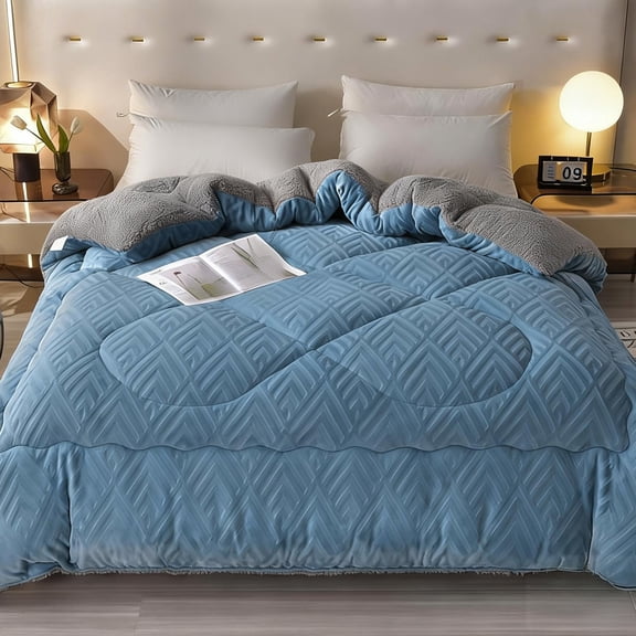 WOOW DEPOT Sherpa Reversible Full Queen Comforter 78.7" x 90.5", 1 PCS Heavy 8.82 lbs Warm Cozy, Velvet Quilted & Sheared Craft 3D Jacquard Blanket Machine Washable, Sky Blue