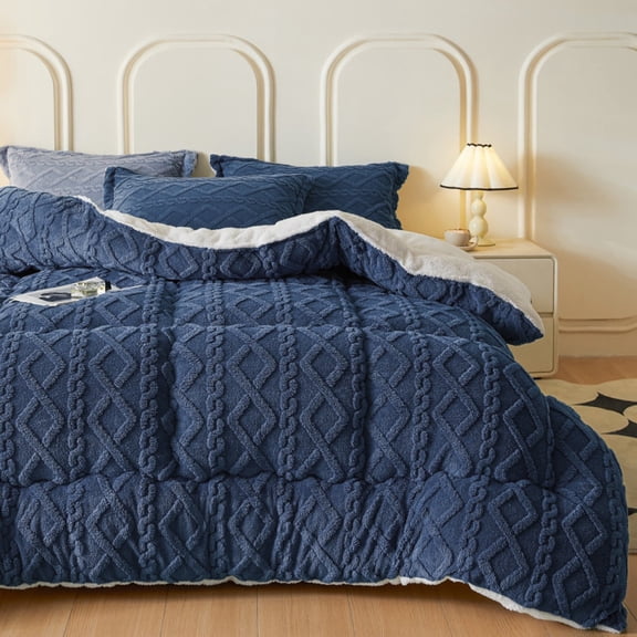 WOOW DEPOT Sherpa Reversible Queen Comforter, 1 PCS Heavy 7.5lbs Warm Cozy, Taffeta Quilted & Sheared Craft 3D Jacquard Blanket Machine Washable, Navy Blue