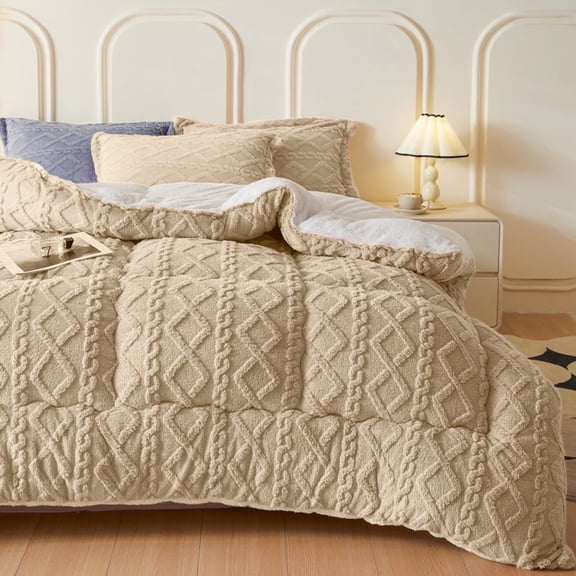 WOOW DEPOT Sherpa Reversible Twin Comforter, 1 PCS Heavy 5.5lbs Warm Cozy, Taffeta Quilted & Sheared Craft 3D Jacquard Blanket Machine Washable, Khaki