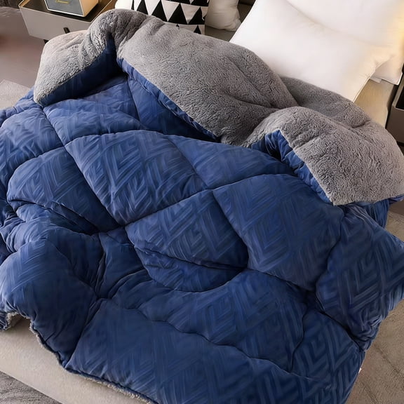 WOOW DEPOT Sherpa Reversible Twin Comforter 59" x 78.7", 1 PCS Thick Heavy 5.51 lbs Warm Cozy, Velvet Quilted & Sheared Craft 3D Jacquard Blanket Machine Washable, Navy Blue
