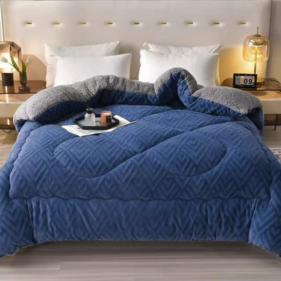 WOOW DEPOT Sherpa Reversible Twin Comforter 59" x 78.7", 1 PCS Thick Heavy 5.51 lbs Warm Cozy, Velvet Quilted & Sheared Craft 3D Jacquard Blanket Machine Washable, Navy Blue