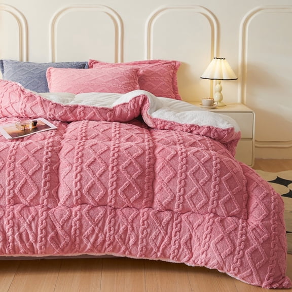 WOOW DEPOT Sherpa Reversible Twin Comforter, 1 PCS Heavy 5.5lbs Warm Cozy, Taffeta Quilted & Sheared Craft 3D Jacquard Blanket Machine Washable, Pink