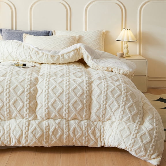 WOOW DEPOT Sherpa Reversible Twin Comforter, 1 PCS Heavy 5.5lbs Warm Cozy, Taffeta Quilted & Sheared Craft 3D Jacquard Blanket Machine Washable, White