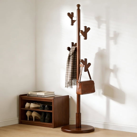 WOOW DEPOT Solid Wood Coat Rack Freestanding Heavy Duty w/ Creative Antler Hooks & Stable Round Base Rubberwood Modern Coat Hanger Hall Tree for Apartment Jacket Hat Bag