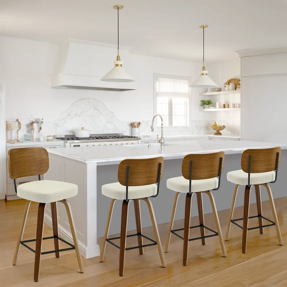 WOOW DEPOT Swivel Counter Height Bar Stools Set of 4 26" Upholstered PU Leather Barstools w/ Wood Back & Legs Mid Century Modern Bar Chair Island Stool, White