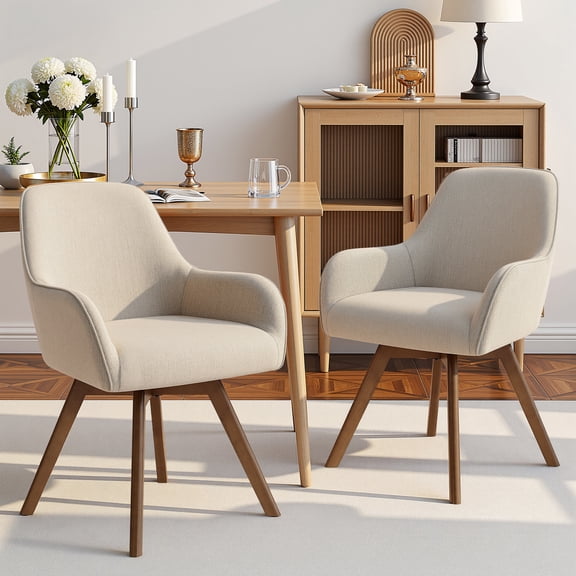 WOOW DEPOT Swivel Dining Chairs Set of 2, Upholstered Linen Fabric w/ High-Back & Arm & Rubberwood Legs, Modern Side Chairs for Kitchen Living Room Office, Sand