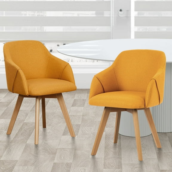 WOOW DEPOT Swivel Dining Chairs Set of 2, Upholstered with Arms & Wood Legs, Modern Linen Fabric Side Chairs for Kitchen Living Room Office, Yellow