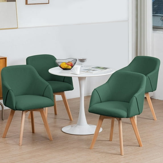 WOOW DEPOT Swivel Dining Chairs Set of 4, Upholstered with Arms & Wood Legs, Modern Linen Fabric Side Chairs for Kitchen Living Room Office, Dark Green