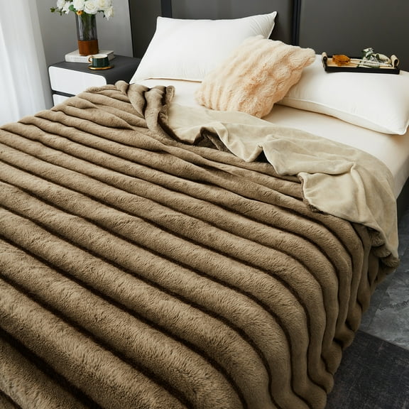 WOOW DEPOT Thick Faux Rabbit Fur Blanket Fleece Reversible, 1 PCS Twin 59" x 78.7", 4 lb Heavy, Soft Warm Mink Throw Luxurious Plush, Coffee / Black Striped