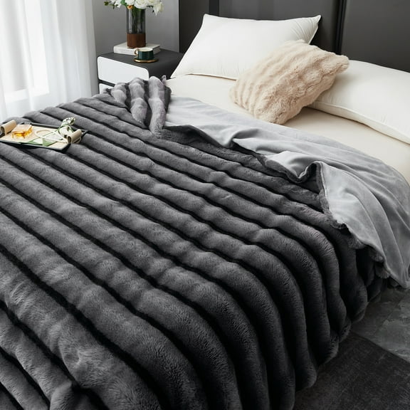 WOOW DEPOT Thick Faux Rabbit Fur Blanket Fleece Reversible, 1 PCS Twin 59" x 78.7", 4 lb Heavy, Soft Warm Mink Throw Luxurious Plush, Gray / Black Striped