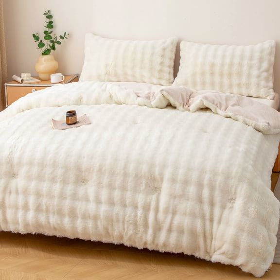 WOOW DEPOT Thick Faux Rabbit Fur Twin Comforter Fleece Reversible 1 PCS, 6.6 LBS Heavy Warm Cozy, Velvet Quilted Craft Blanket Machine Washable, Cream White