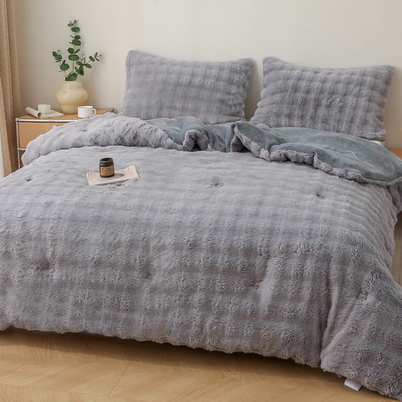 WOOW DEPOT Thick Faux Rabbit Fur Twin Comforter Fleece Reversible 1 PCS, 6.6 LBS Heavy Warm Cozy, Velvet Quilted Craft Blanket Machine Washable, Gray