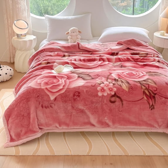 WOOW DEPOT Thick Fleece Bed Blanket, 1 PCS Rose Floral Printed 7.3 lbs Heavy, Soft Warm Mink Blanket Luxurious Reversible, Full Queen 78.7" x 90.5", Pink