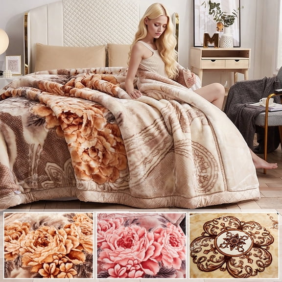 WOOW DEPOT Thick Fleece Bed Blanket, 1 PCS Peony Flower Printed 6.61 lb Heavy Soft Warm Mink Blanket Luxurious Reversible, Twin Full 70.8" x 86.6", Pink