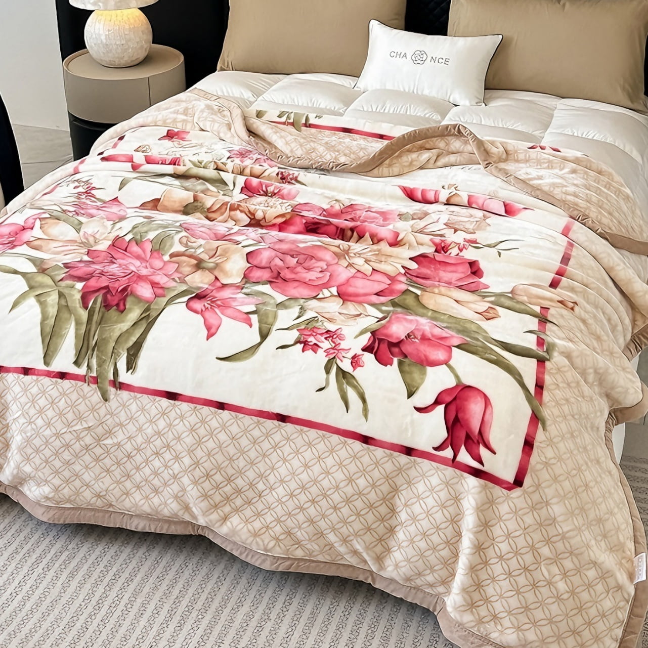 WOOW DEPOT Thick Fleece Full Queen Bed Blanket Reversible, 1 PCS Peony Flower Printed 7.72 lb Heavy Soft Warm Mink Blanket Luxurious, 78.7" x 90.5", Khaki