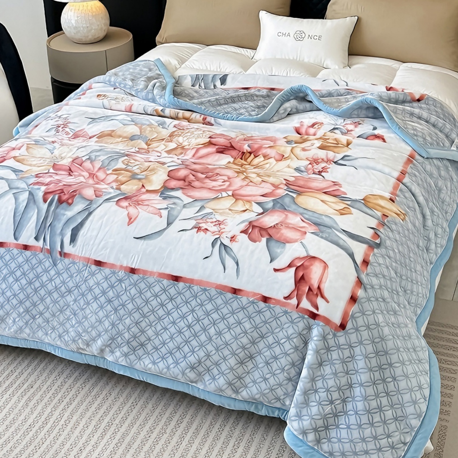 WOOW DEPOT Thick Fleece Twin Bed Blanket Reversible, 1 PCS Peony Flower Printed 59" x 78.7" Soft Warm Mink Blanket Luxurious 4.41 lb Heavy, Blue