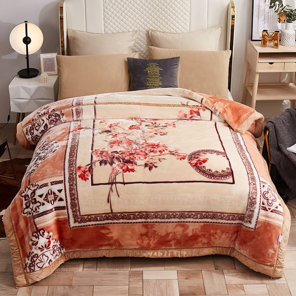 WOOW DEPOT Twin Full Heavy Fleece Bed Blanket 1 PCS, 6.61 lbs 70.8" x 86.6", Reversible Thick Floral Print Soft Warm Mink Blanket Elegant, Apricot Blossom