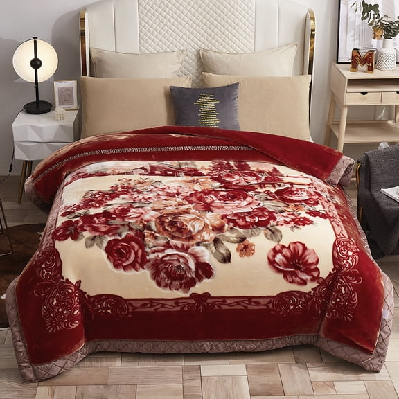 WOOW DEPOT Twin Full Heavy Fleece Bed Blanket 1 PCS, 6.61 lbs 70.8" x 86.6", Reversible Thick Floral Print Soft Warm Mink Blanket Elegant, Crimson Peony