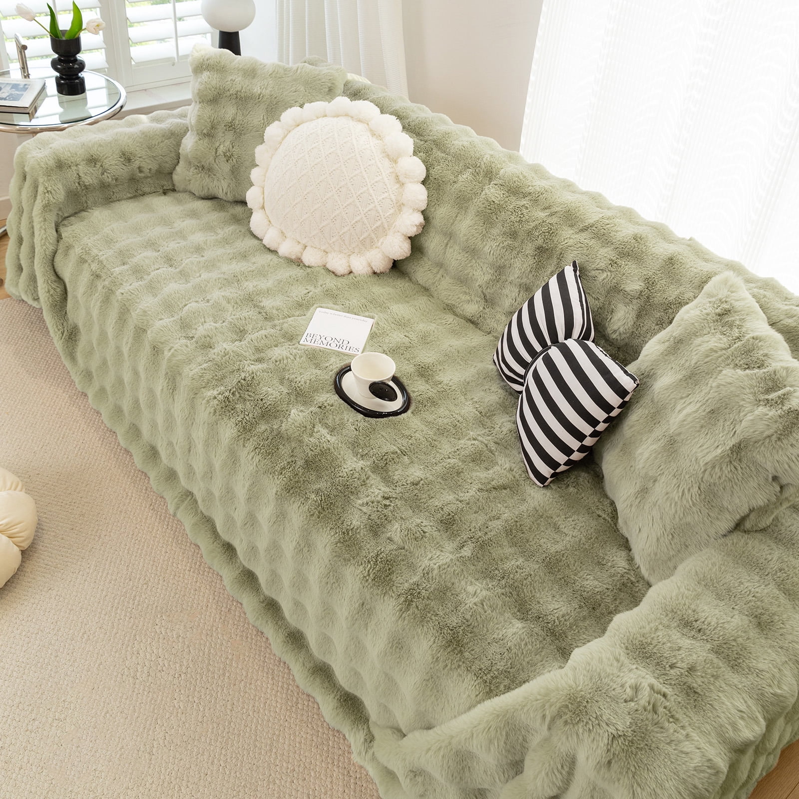 WOOW DEPOT Warm Faux Rabbit Fur Sofa Cover Machine Washable, Thick Throw Blanket L Shape Slipcover for 2 - 3 Cushion Couch, Green 71"x118"
