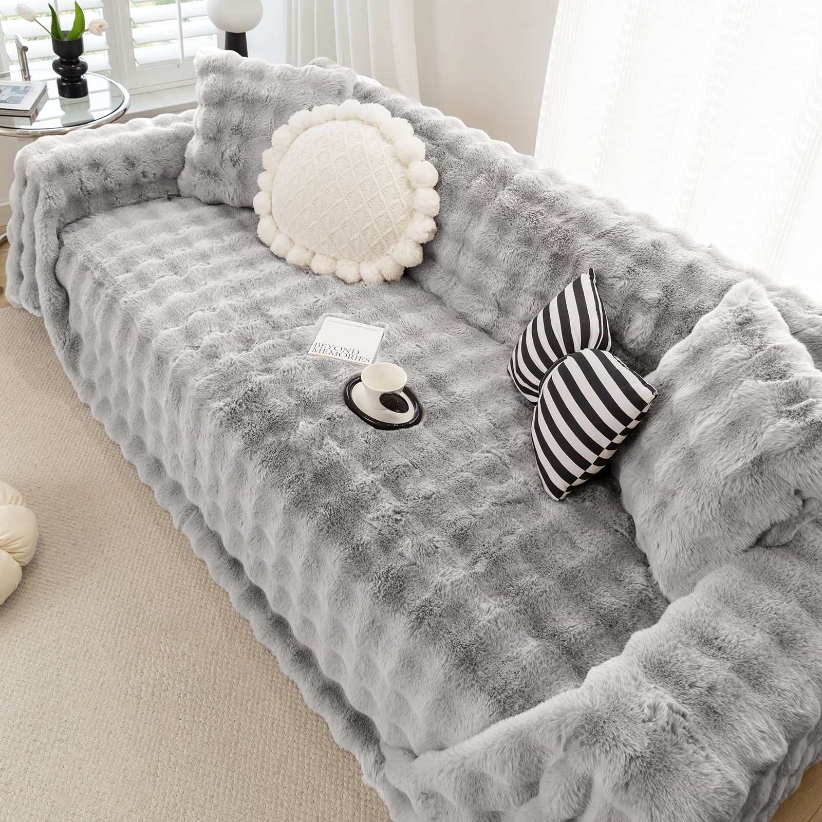 WOOW DEPOT Warm Faux Rabbit Fur Sofa Cover Machine Washable, Thick Throw Blanket L Shape Slipcover for 2 - 3 Cushion Couch, Light Gray 71"x118"