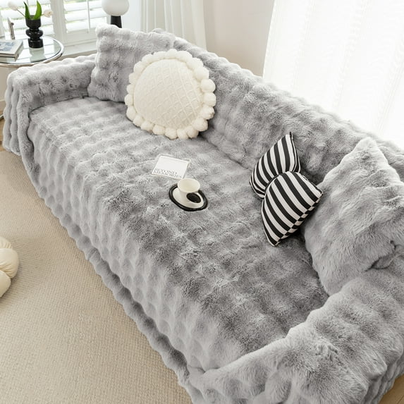 WOOW DEPOT Warm Faux Rabbit Fur Sofa Cover Machine Washable, Thick Throw Blanket L Shape Slipcover for 2 - 3 Cushion Couch, Light Gray 71"x118"