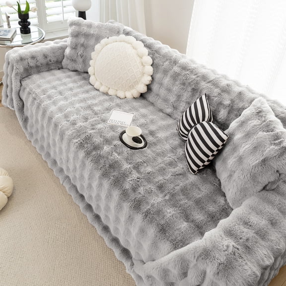 WOOW DEPOT Warm Faux Rabbit Fur Sofa Cover Machine Washable, Thick Throw Blanket L Shape Slipcover for 2 - 3 Cushion Couch, Light Gray 71"x118"