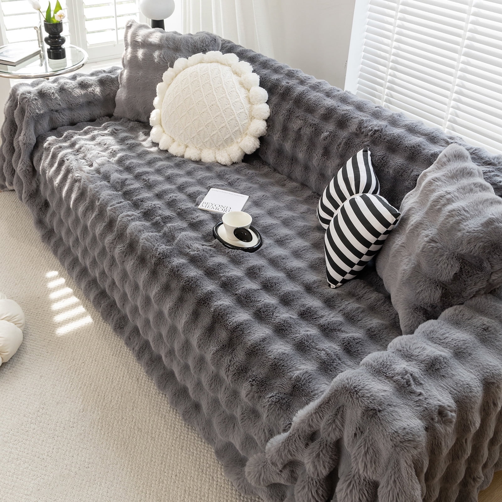 WOOW DEPOT Warm Faux Rabbit Fur Sofa Cover Machine Washable, Thick Throw Blanket L Shape Slipcover for 3 Cushion Couch, Dark Gray 71"x134"
