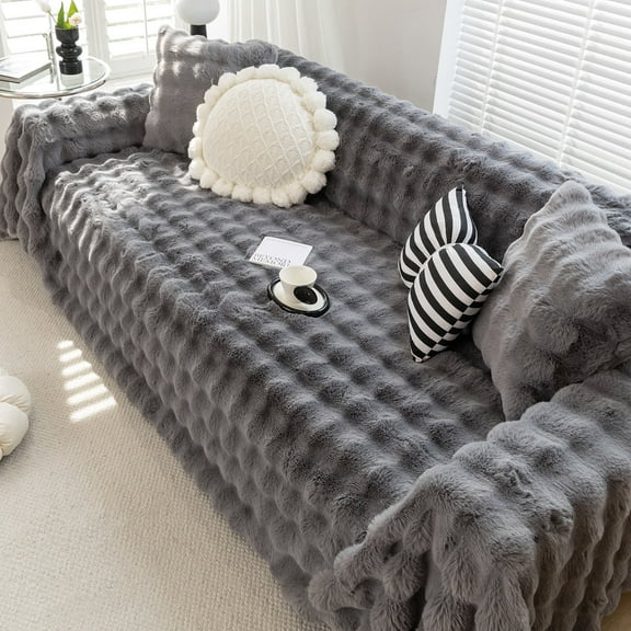 WOOW DEPOT Warm Faux Rabbit Fur Sofa Cover Machine Washable, Thick Throw Blanket L Shape Slipcover for 3 Cushion Couch, Dark Gray 71"x134"