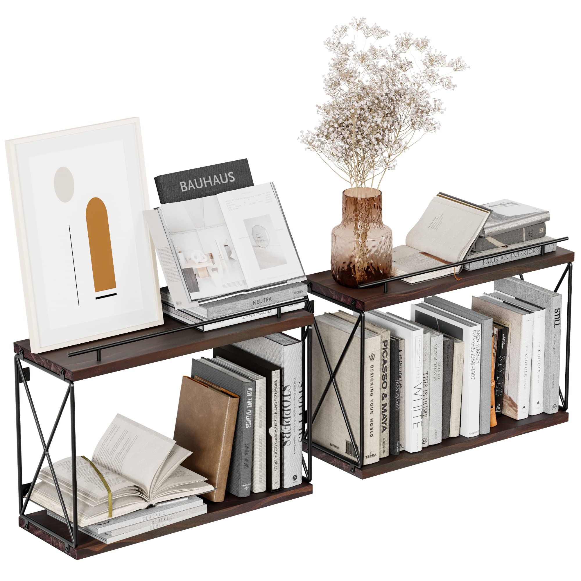 WOPITUES Floating Book Shelves, Wooden Book Shelves for Wall Sets of 2, Floating Book Shelf with